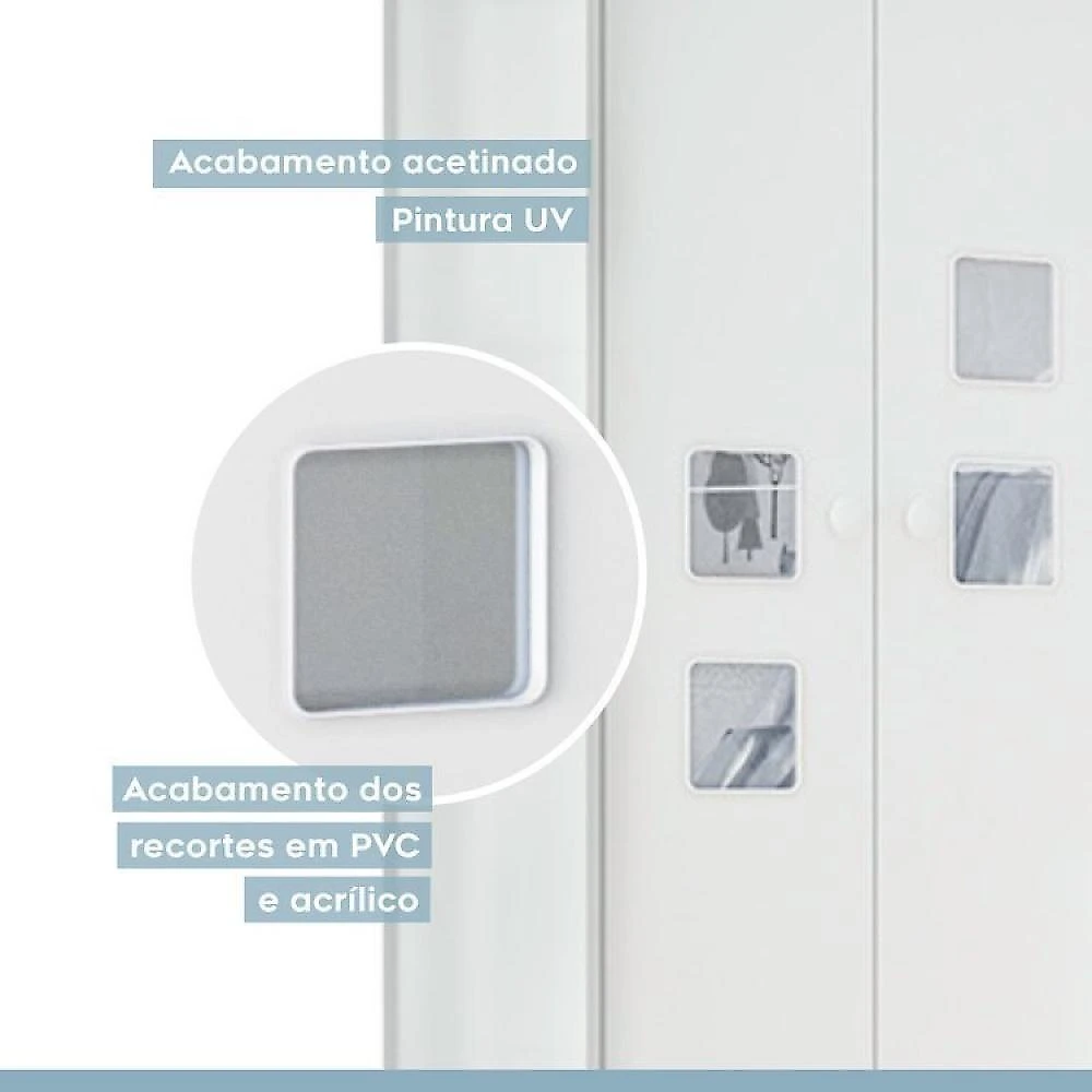 Quarto de Bebê com Berço com Suporte, Cômoda 1 Porta 4 Gavetas Life e Roupeiro 3 Portas 2 Gavetas Branco