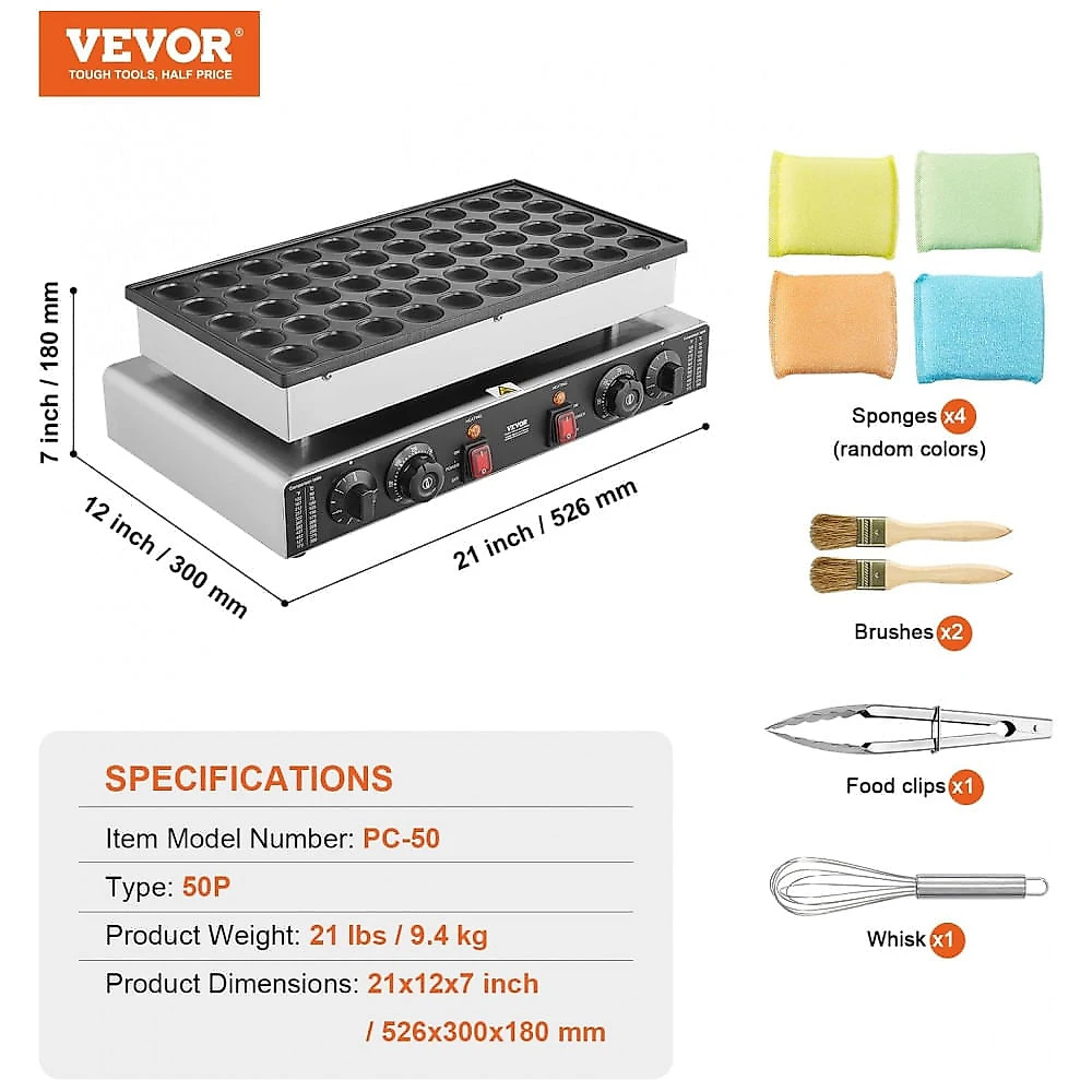 Máquina de Poffertjes Mini Panquecas VEVOR 50 Unidades 1700W Antiaderente Duplo Controle 110V