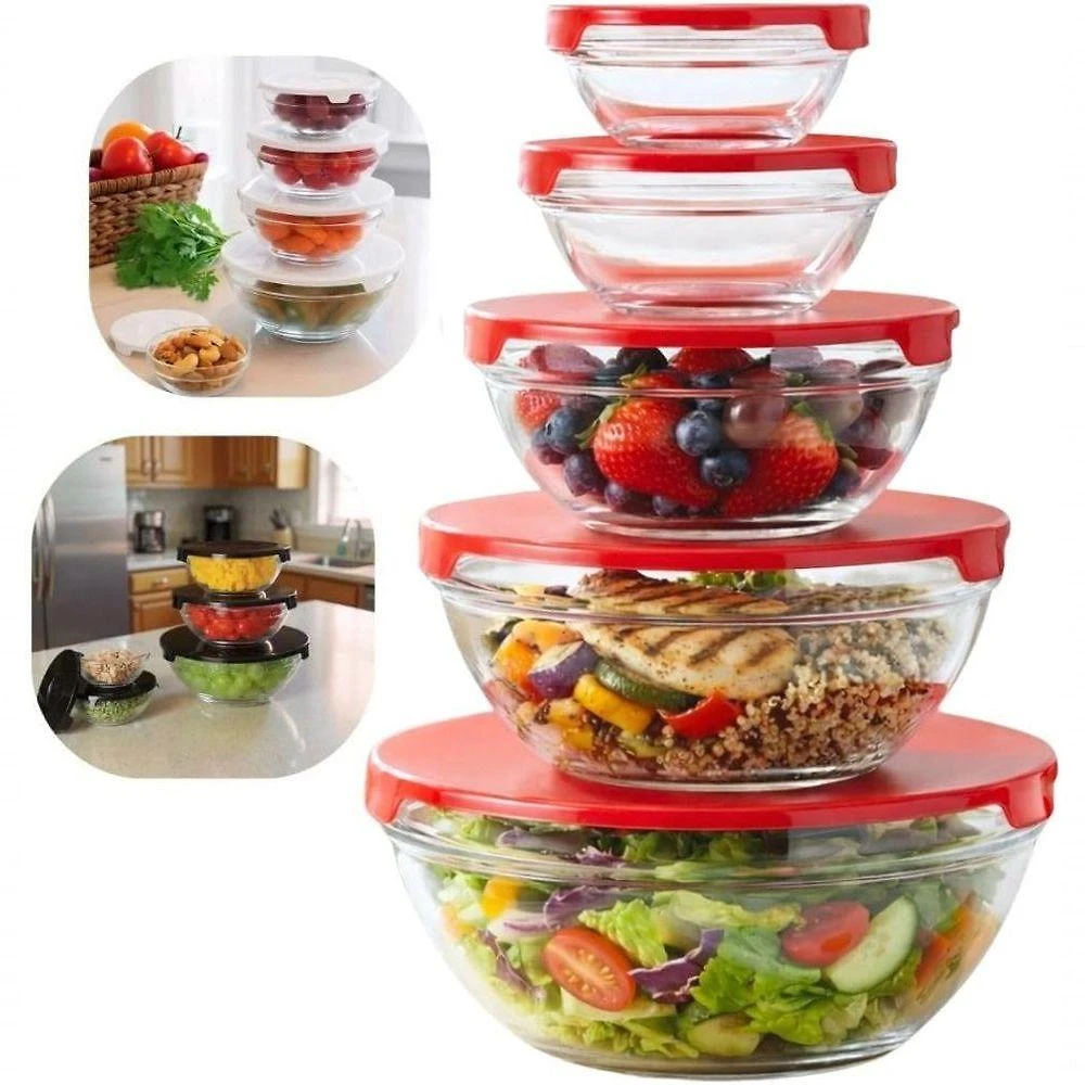 Kit 5 Potes de Vidro Redondos Organizadores Multiuso para Micro-ondas e Geladeira 1L Transparente