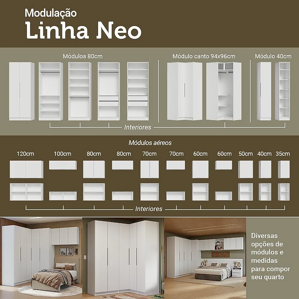 Guarda-Roupa Modulado 2 Portas 4 Prateleiras 1 Cabideiro Branco Neo Madesa Branco