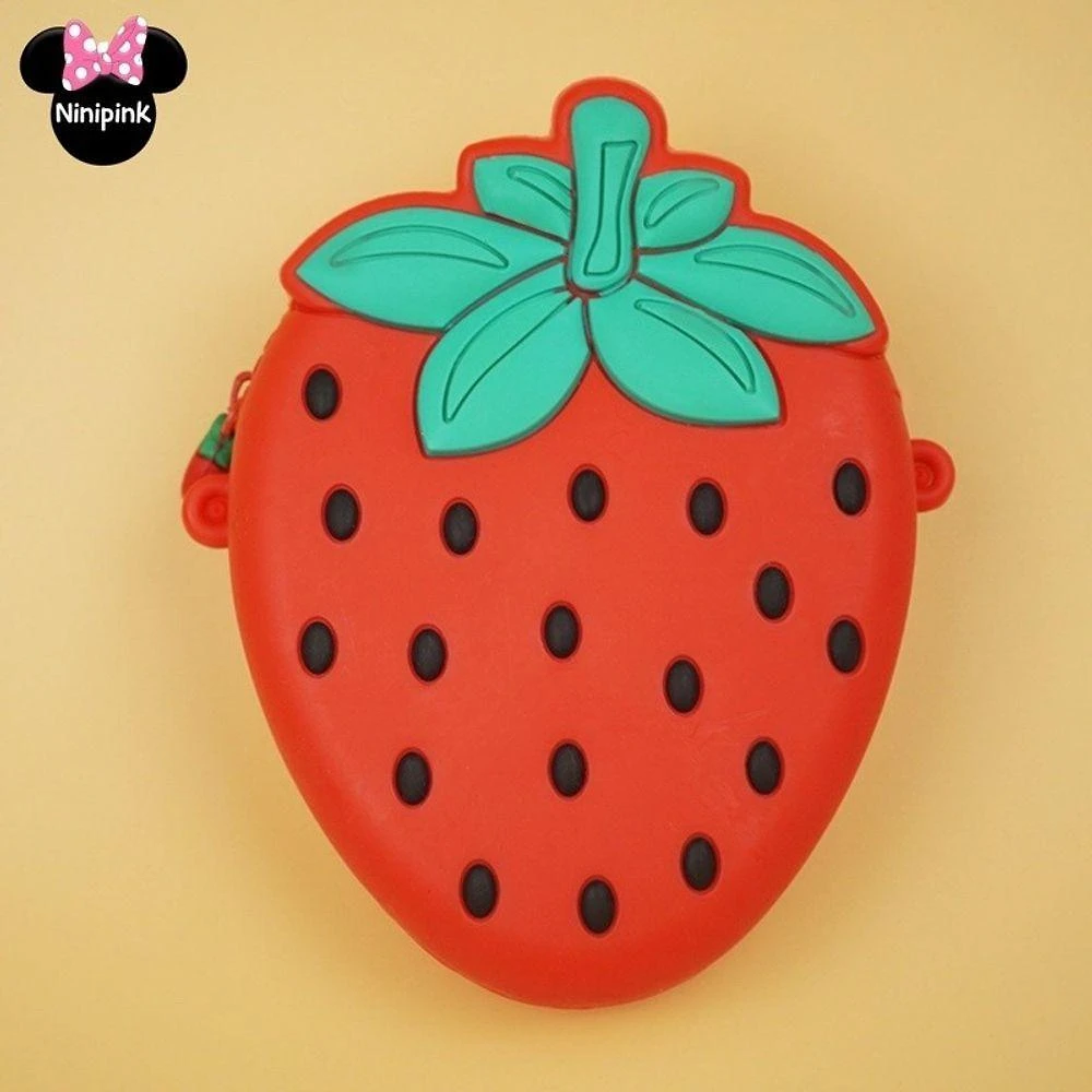 Bolsa Infantil OEM Moda Frutas Silicone 12cm X 10cm Vermelho Morango com Alça Ajustável