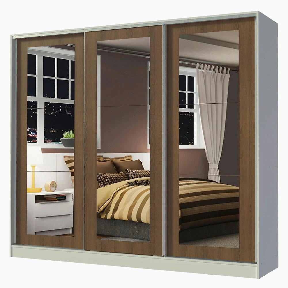 Guarda-roupa casal 100% mdf madesa eros 3 portas de correr de espelho - branco/rustic