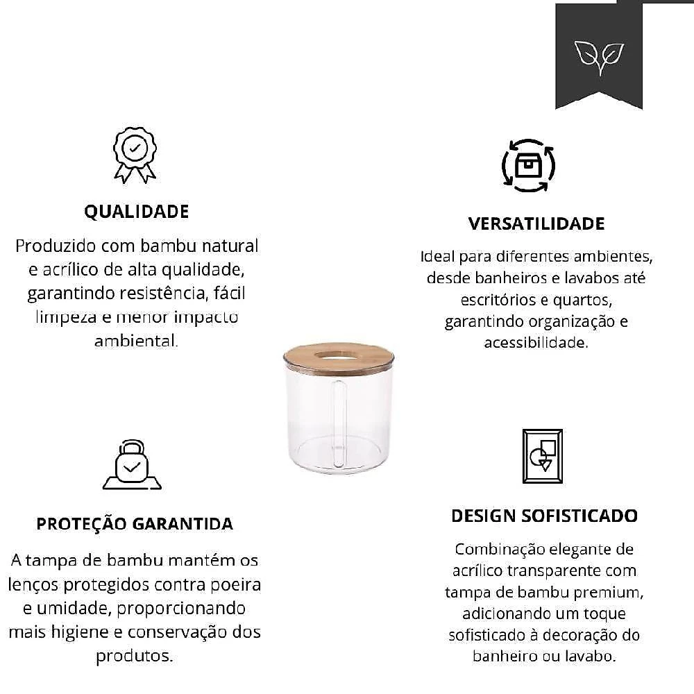 Porta Lenços Dispenser Acrílico Tampa Bambu Lavabo Transparente Kangur webcontinental-7427319480980