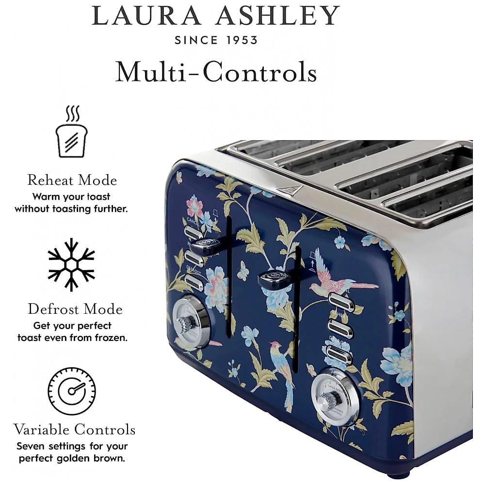 Torradeira 4 Fatias em Aço Inox Laura Ashley Azul Marinho com estampa floral Elveden, Slots Largos, 7 Níveis, Funções Descongelar, Reaquecer