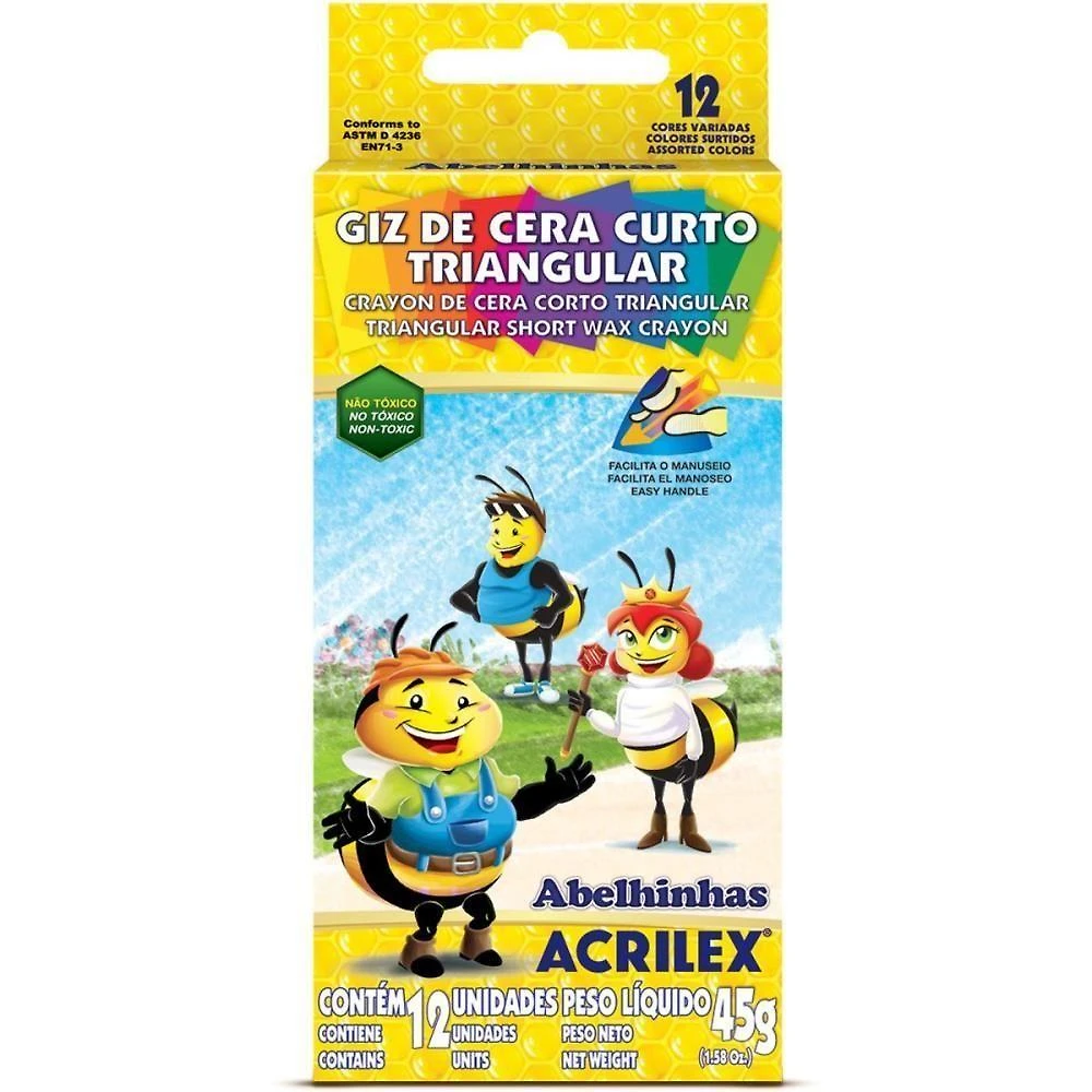 Giz de Cera Acrilex Curto Triangular 12 Cores para Pré-Escola