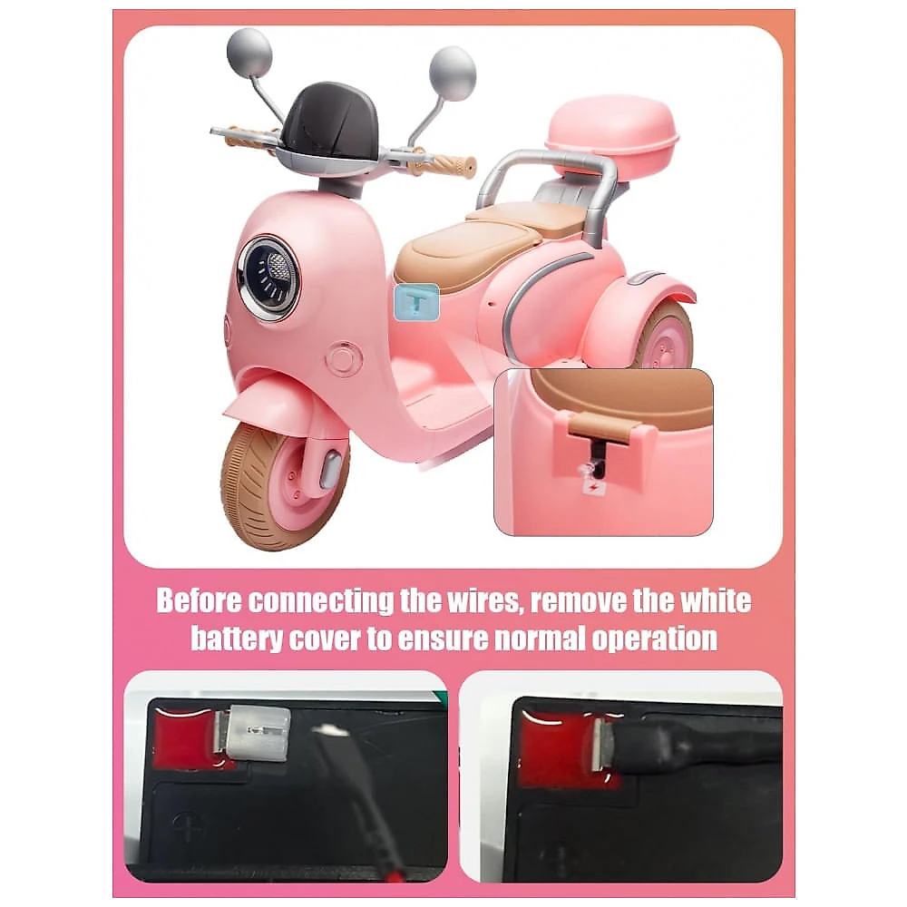 Moto Elétrica Infantil 2 Lugares Okybaby Rosa Claro, 12V, 3 Rodas Duplo Motor Bluetooth USB Painel LED 3 Velocidades Suspensão Baú