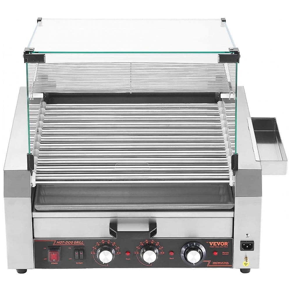 Máquina de Cachorro-Quente VEVOR, 30 Salsichas em 11 Rolos, Grill de Aço Inoxidável, 1950W com Aquecedor de Pães, Tampa, 3 Controles de Temperatura,