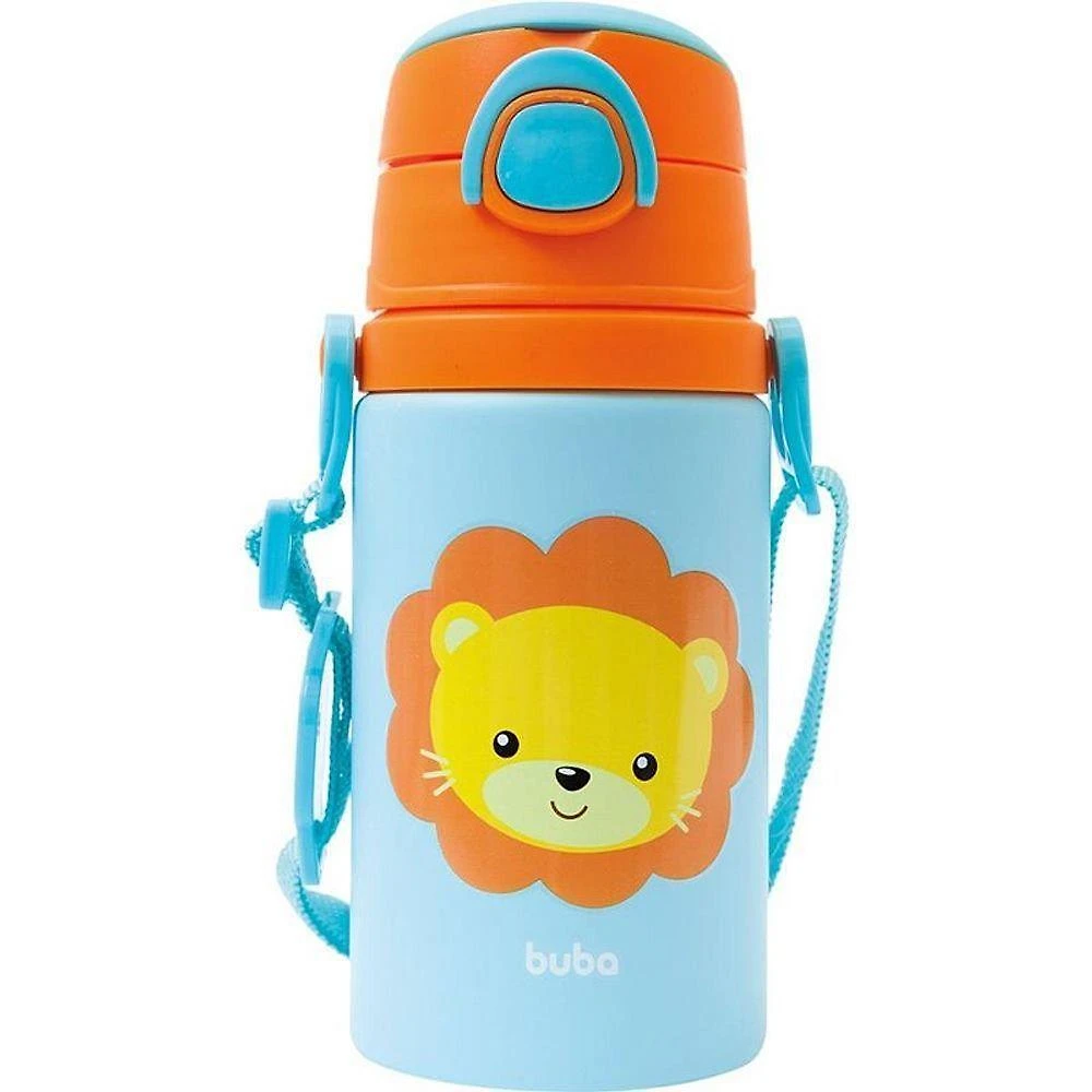 Garrafa de Alumínio Animal Fun Leão 450ML Fliptop Canudo Silicone Amarelo Buba