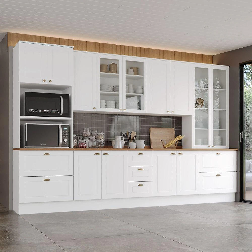 Cozinha Completa 6 Peças 17 Portas 11 Gavetas MDF MDP 343CM Branca com Torre Quente Móveis Henn