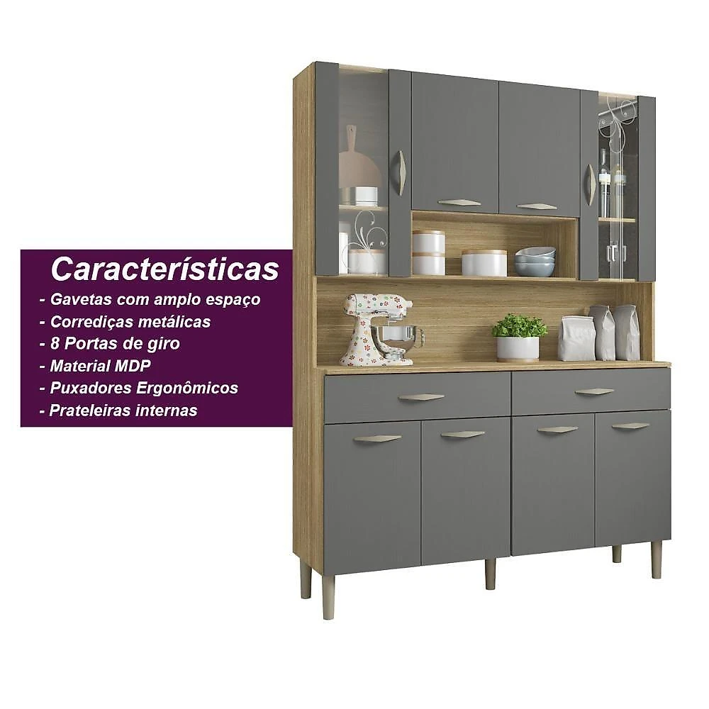 Armário De Cozinha Compacta 8 Portas 2 Gavetas Paris - Freijó-gris