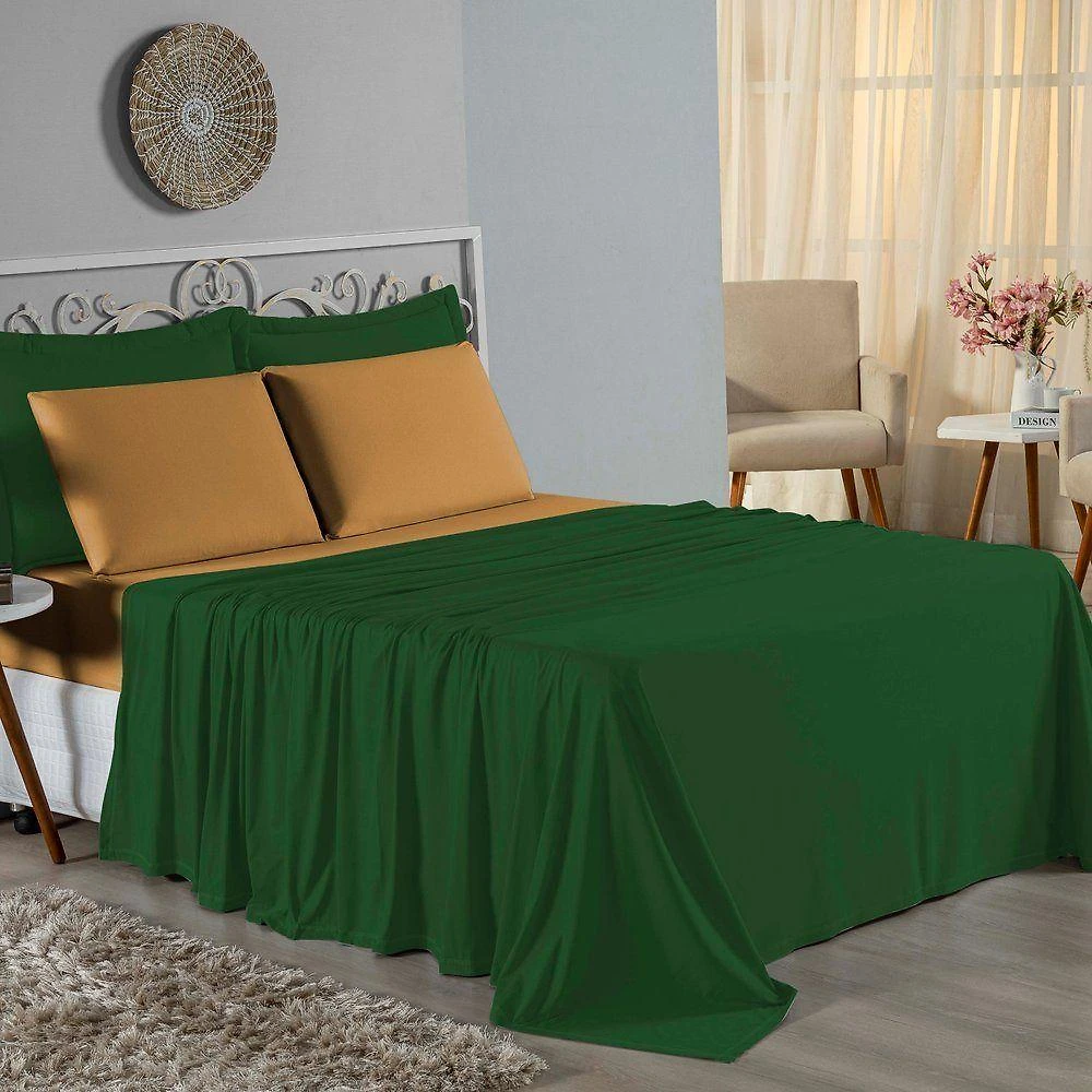 Jogo De Cama King Nobre 4 Peças Lençol Com Elástico De 30cm De Altura Malha 100% Algodão - Verde-bandeira / Cobre