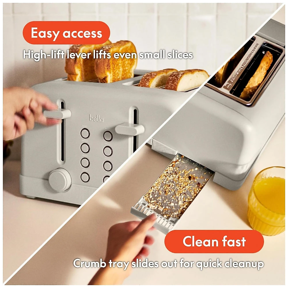 BELLA Torradeira 4 Fatias com 6 Níveis de Tostagem, Funções Reaquecer e Cancelar, Bandeja Removível, 1500W - Oatmilk