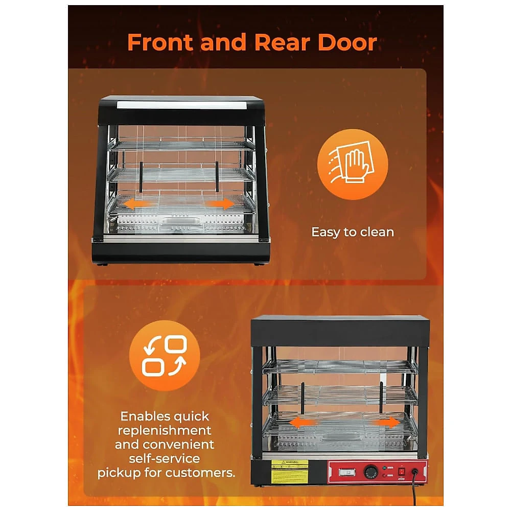 Expositor Aquecido Comercial 66 cm FOHERE Preto 3 Prateleiras LED Termostato Ajustável Removíveis 1200W 110V