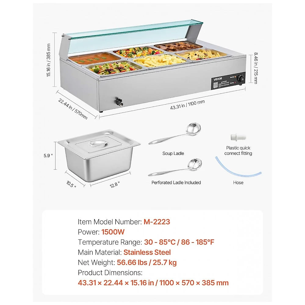 Aquecedor de Alimentos Buffet VEVOR M-2223 Banho-Maria 6 Cubas Aço Inox Tampa de Vidro 1500W 110V