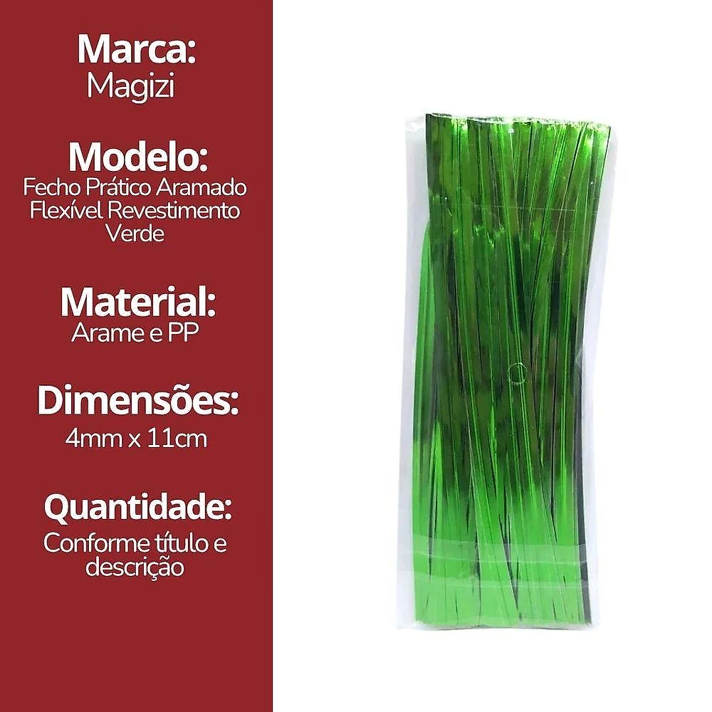 Jogo Fecho Prático Aramado Flexível Verde 100 Unidades 11cm - Magizi