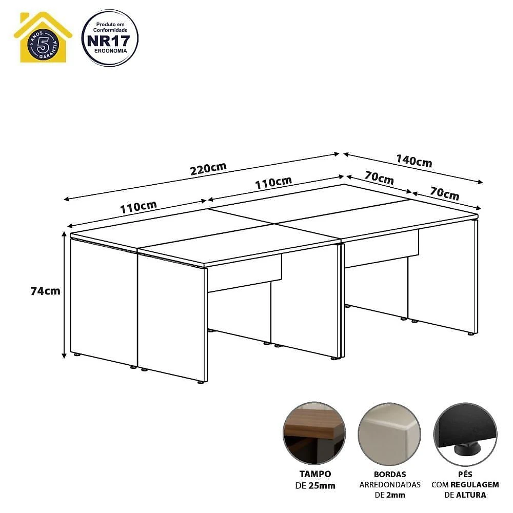 Mesa para Escritório 4 Lugares 220CM Cinza Sagrado com Preto F5 Office