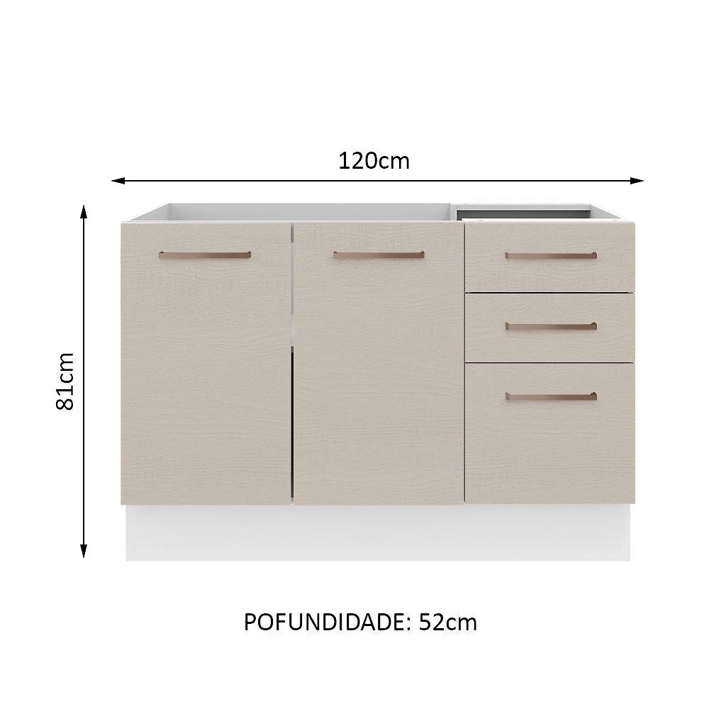 Balcão gabinete de pia cozinha 2 portas e 3 gavetas branco/crema agata madesa
