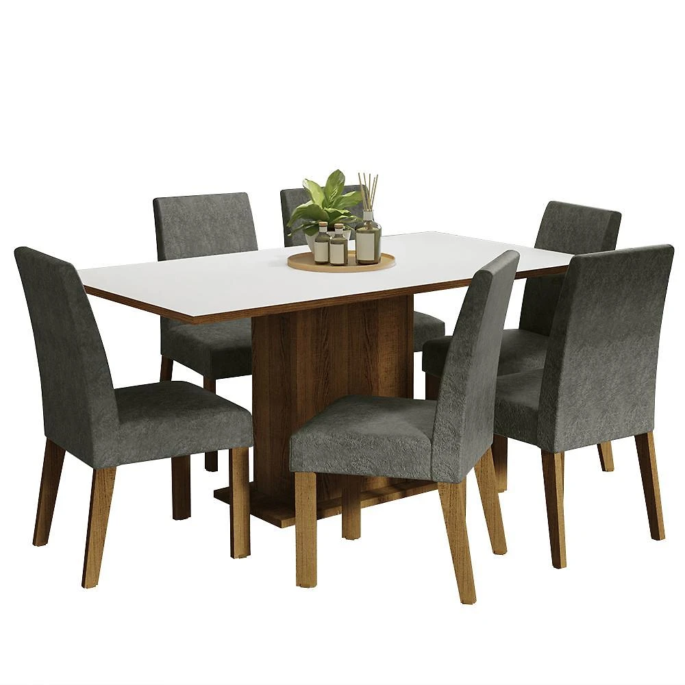 Conjunto sala de jantar mesa tampo de madeira 6 cadeiras rustic/branco/silver renata madesa