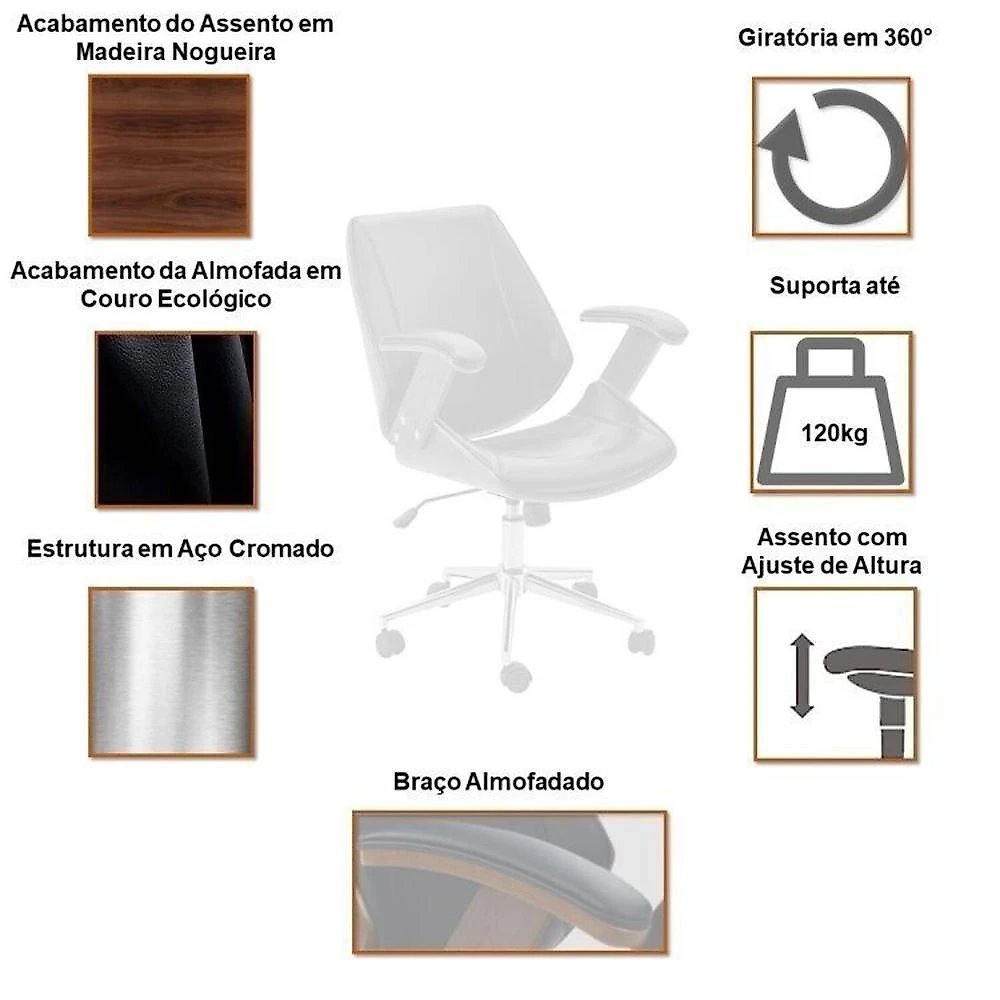 Kit 8 Cadeiras de Escritório Diretor Giratória Office Lisboa Preto