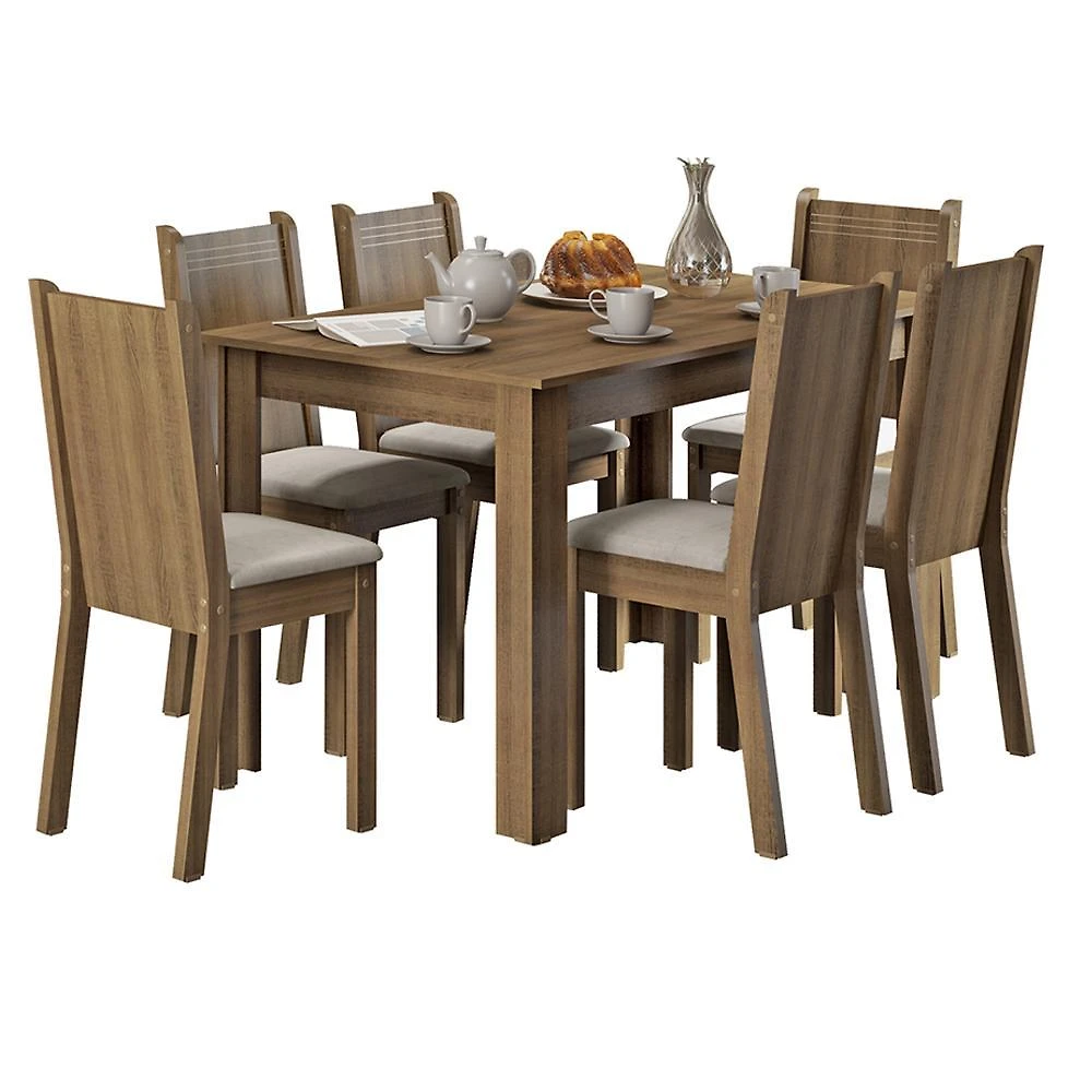 Conjunto sala de jantar maris madesa mesa tampo de madeira com 6 cadeiras - rustic/sintético bege