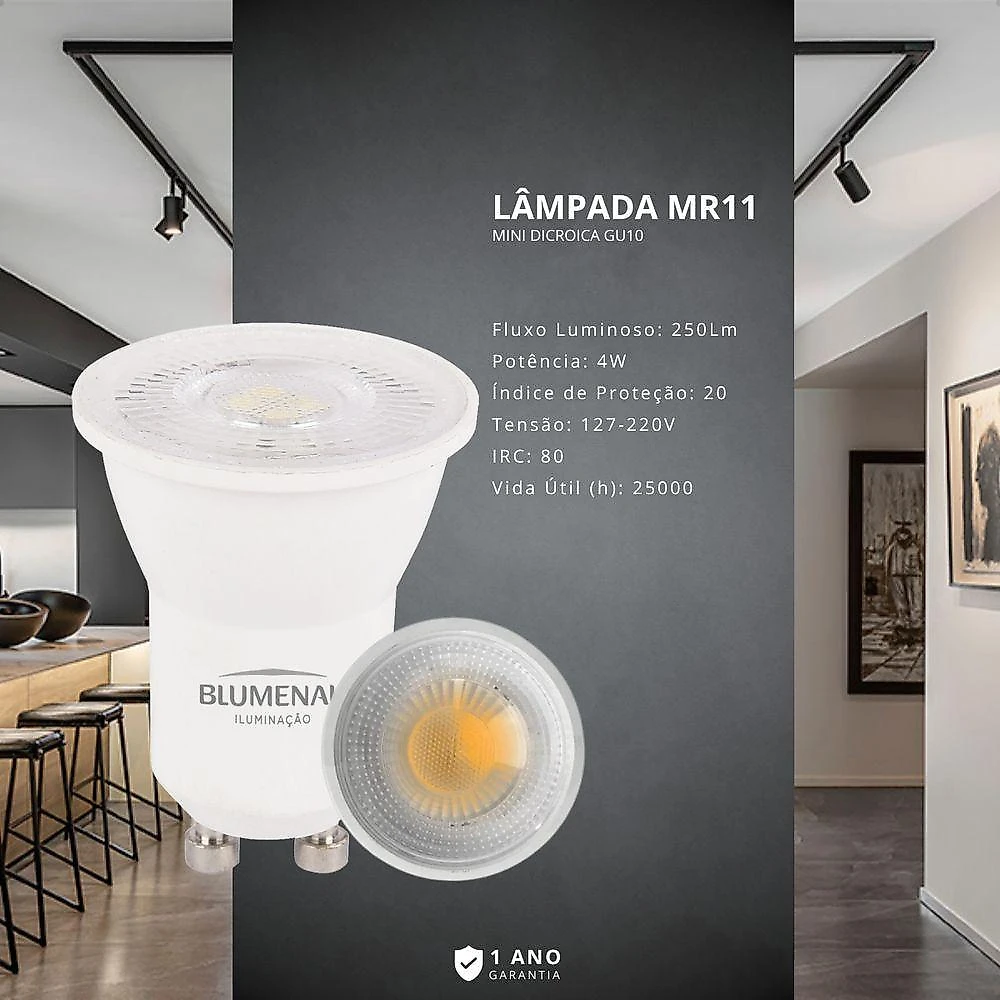 Kit 10 Lâmpadas LED Mini Dicroica MR11 4W 2700K Bivolt Amarelo Quente Blumenau Iluminação