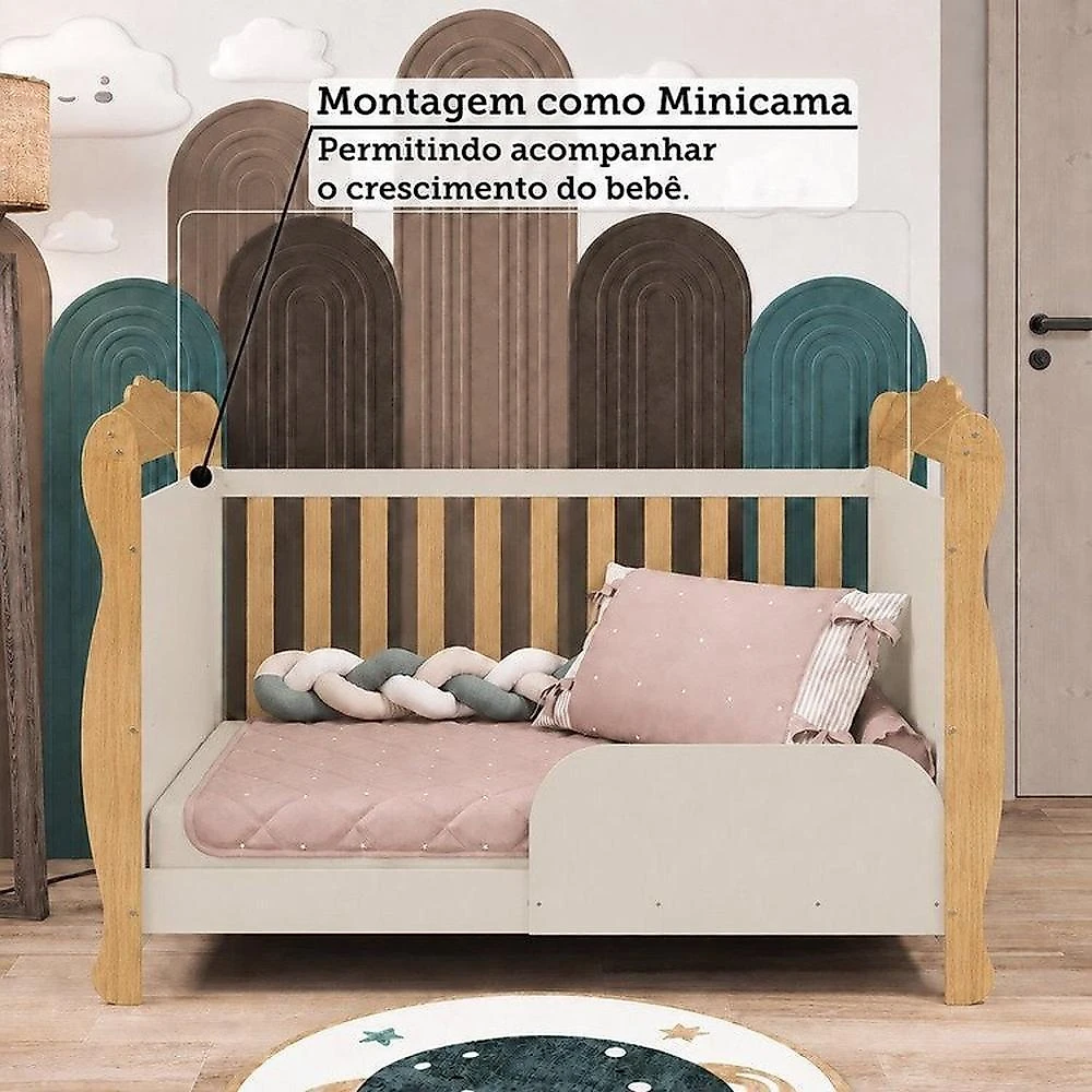 Quarto de Bebê Completo Berço 3 em 1, Cômoda e Guarda Roupa MDF Nina Espresso Móveis Branco/Amê Off White/Amêndoa