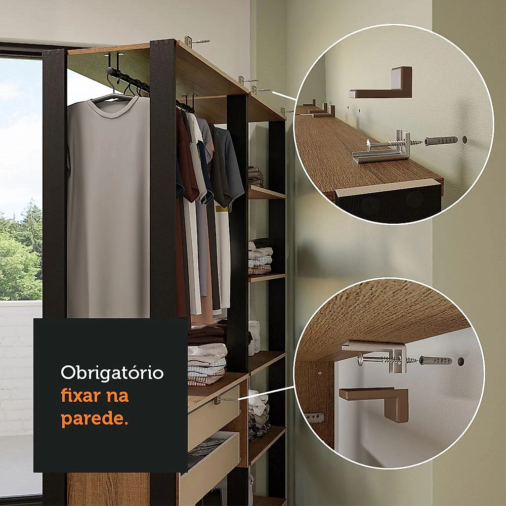 Armário Estante Multiuso Organizador 4 Gavetas 258cm Rustic/Preto Madesa Rustic/Preto