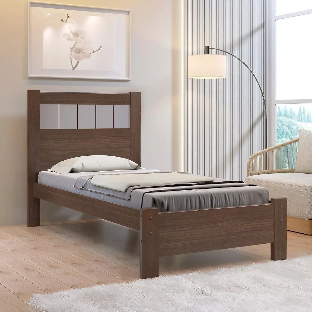 Cama Solteiro Premium Plus 100% MDF Castanho Com Off White