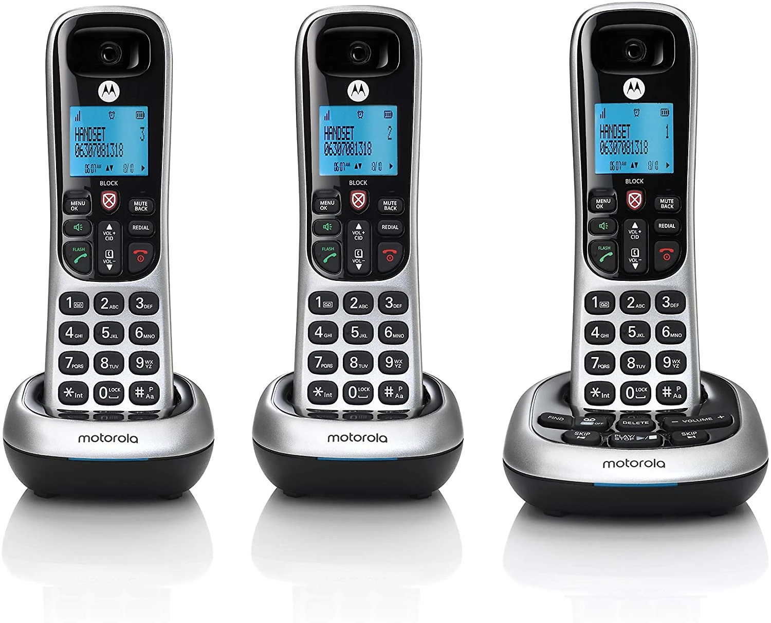 Motorola Telefone sem Fio, c/ bloqueio de chamadas e secretária eletrônica, 3 unidades, prata.
