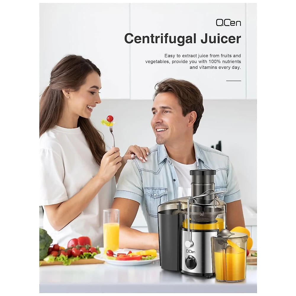 Extrator de Sucos QCen, Centrífuga de 500W com 3 Bocas Largas para Frutas e Vegetais, Fácil de Limpar, Aço Inoxidável, Livre de BPA