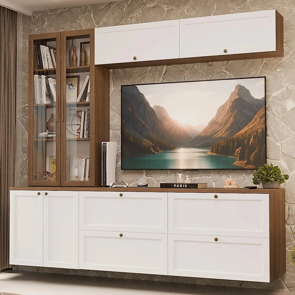 Estante sala de estar com rack + cristaleira 230cm vik madesa 02 r rustic/azul/rustic
