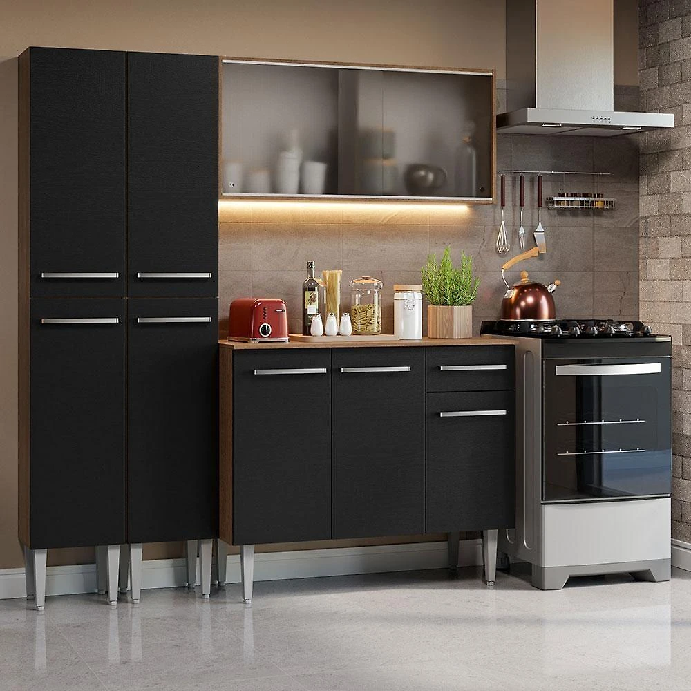 Armário De Cozinha Compacta 169cm Rustic/preto Emilly Madesa 10 Rustic/preto Rustic/preto