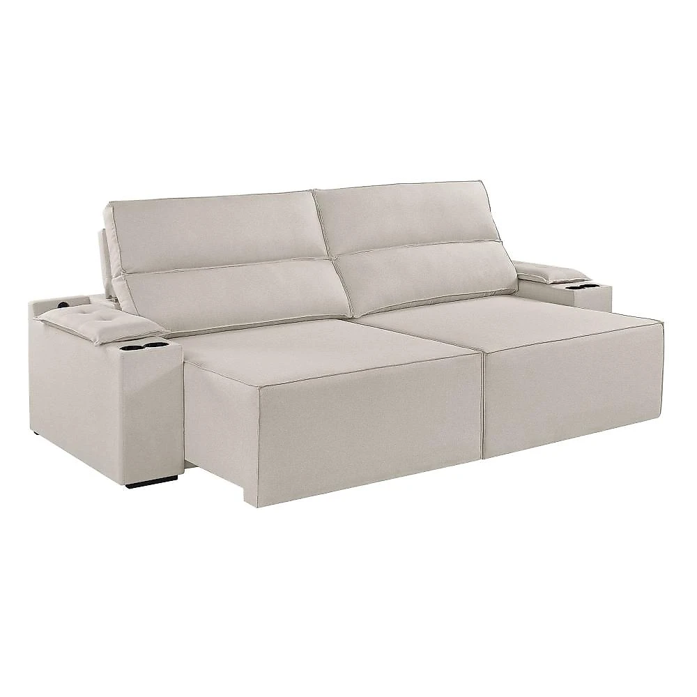 Sofá Retrátil e Reclinável 4 Lugares com Entrada USB e Porta Copos 230cm Irlanda Yescasa Sofá Retrátil e Reclinável 4 Lugares 230cm M180 Linho/Bege Claro