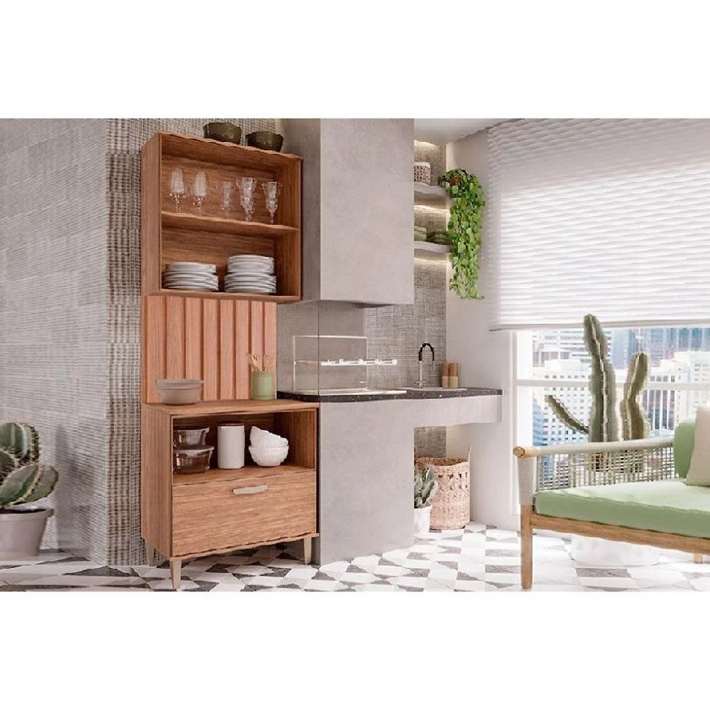 Cozinha Completa 2 Peças Bella 3 Peças Sem Portas 1 Aéreo 1 Balcão 1 Painel Ripado 80cm Freijó