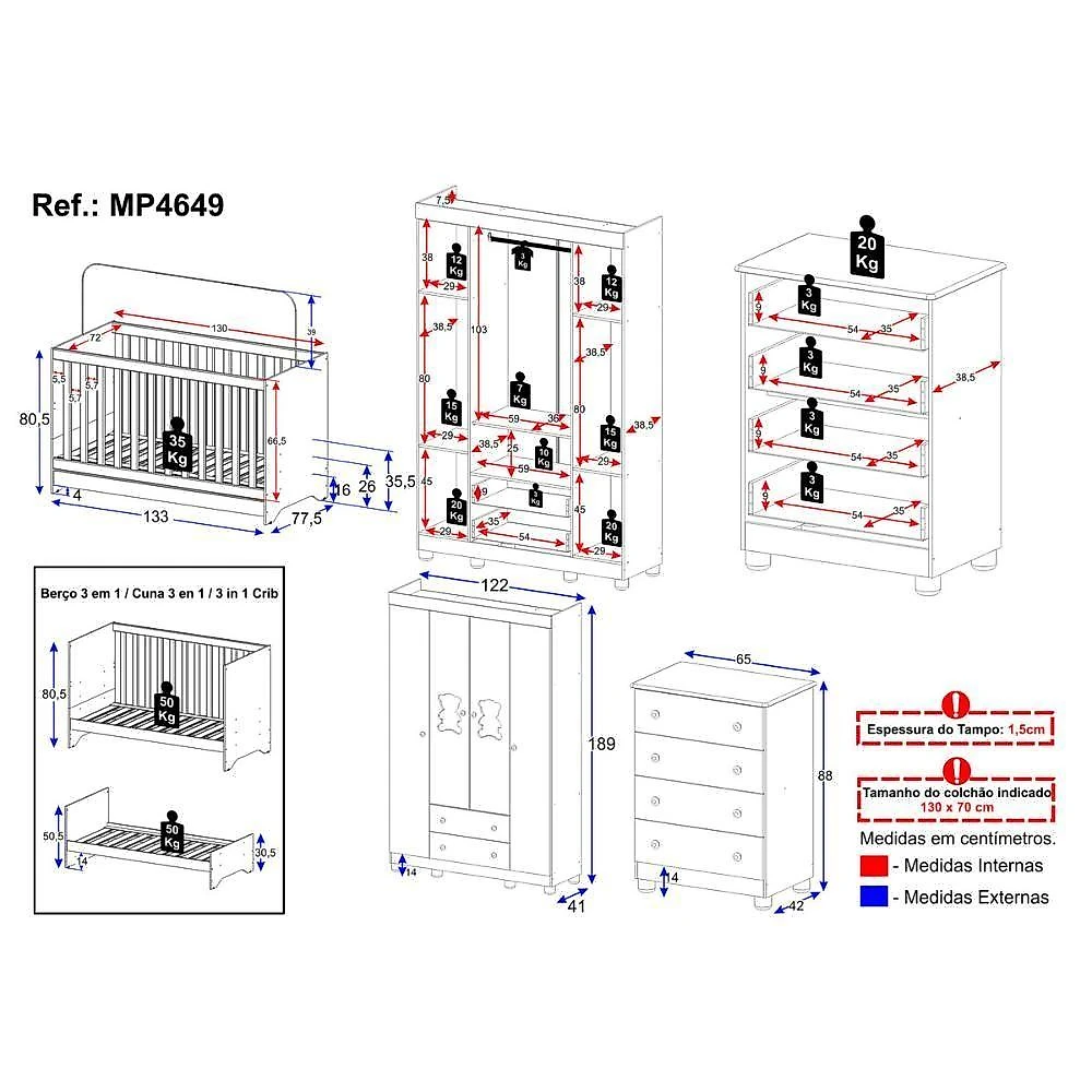 Quarto De Bebê Completo Com Berço Americano 3 Em 1 Fofura Multimóveis MP4649 Madeirado-branco