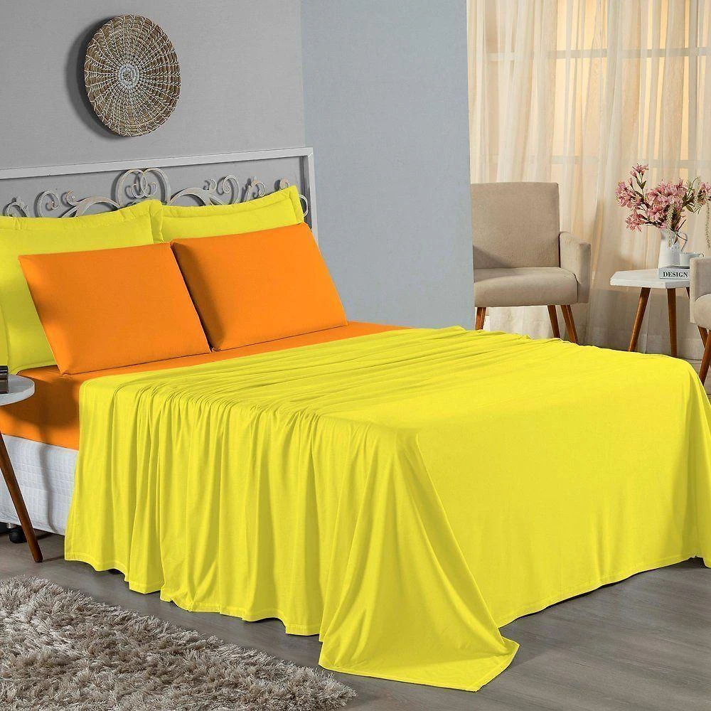 Jogo De Cama Queen Nobre 4 Peças Lençol Com Elástico De 30cm De Altura Malha 100% Algodão - Amarelo / Laranja