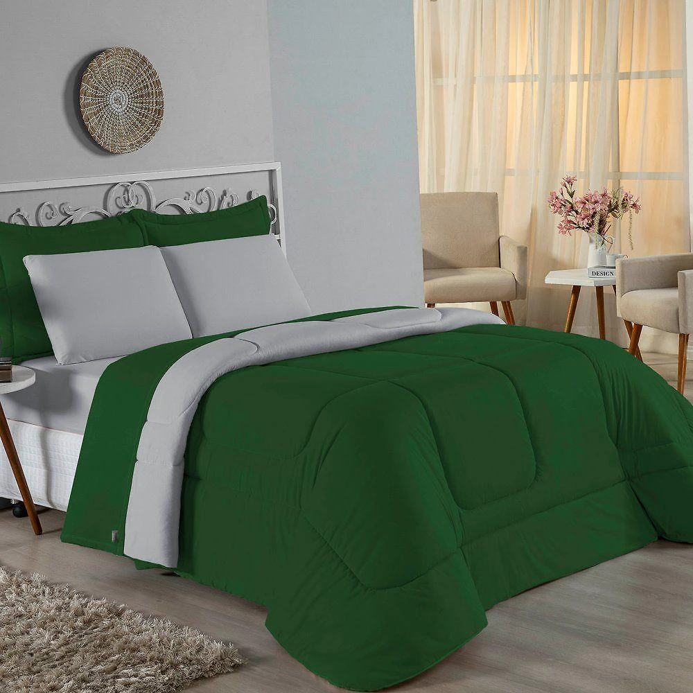 Edredom Queen Nobre 1 Peça Dupla Face 2,40m X 2,60m Malha 100% Algodão - Verde-bandeira / Cinza