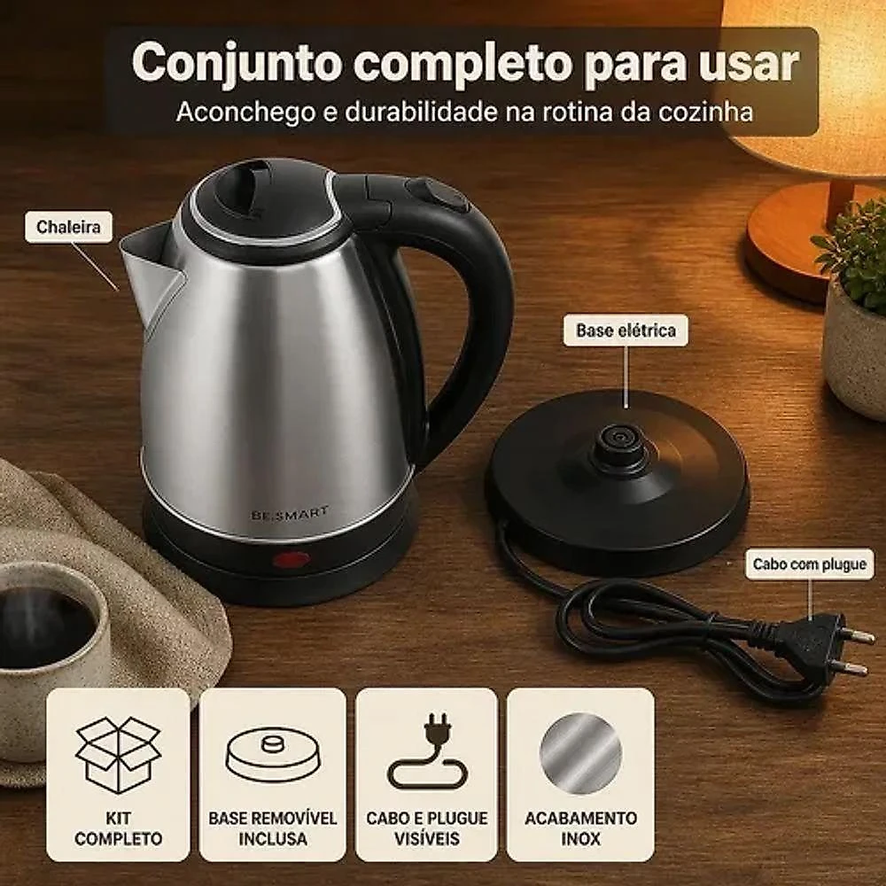 Chaleira Elétrica Be Smart Be Smart 1,8L Aço Inox 220V com Desligamento Automático e Base Rotativa