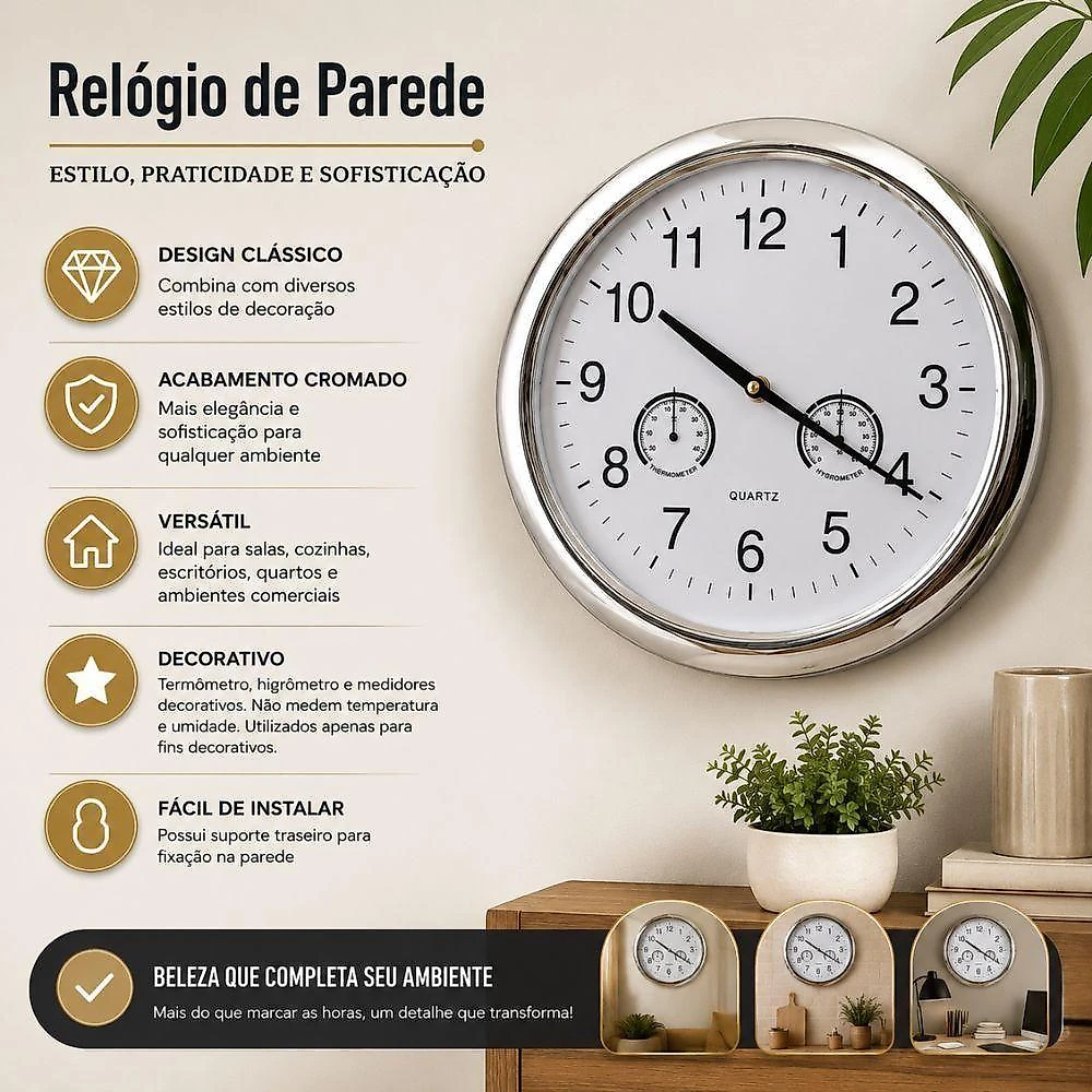 Relogio de Parede Decorativo Termometro Higrometro Ilustrativo Moderno Acabamento Prateado Prata