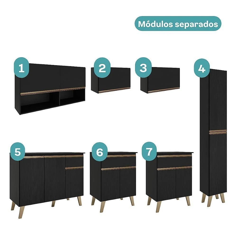 Cozinha Completa Atlanta Bay 13 Portas 3 Gavetas MDF Preto Touch Carraro