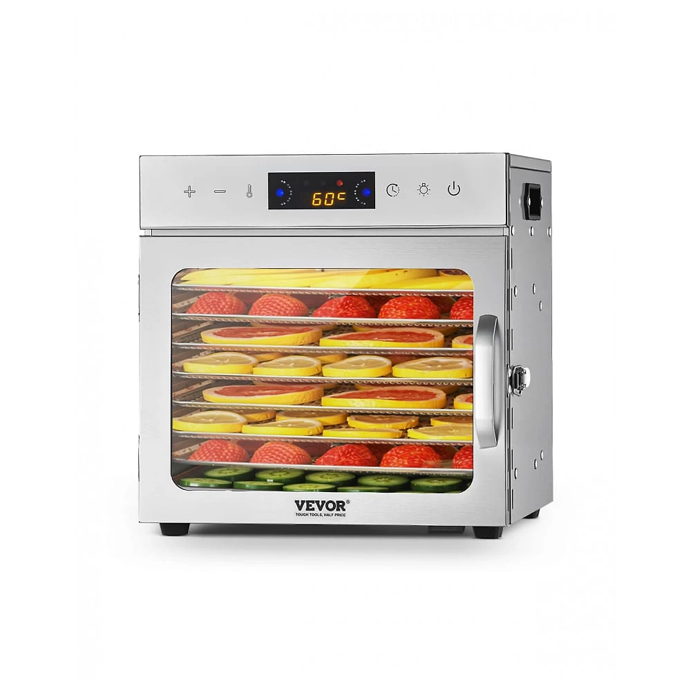 Desidratador de Alimentos VEVOR Prata 8 Bandejas Aço Inoxidável 400W Timer 24h 120V