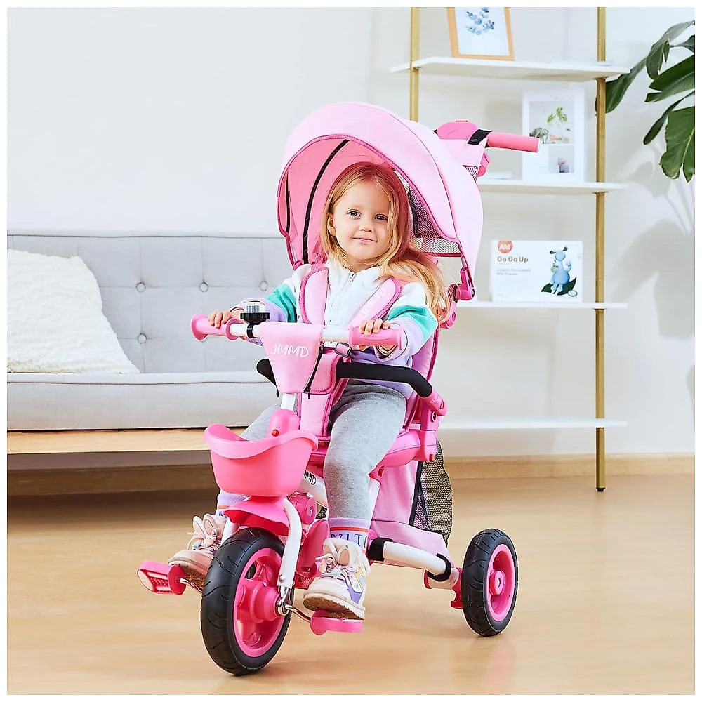 Triciclo Infantil Dobrável 7 em 1 com Alça Ajustável, Arnês de Segurança, Freios de Roda, Capota Removível e Armaz...