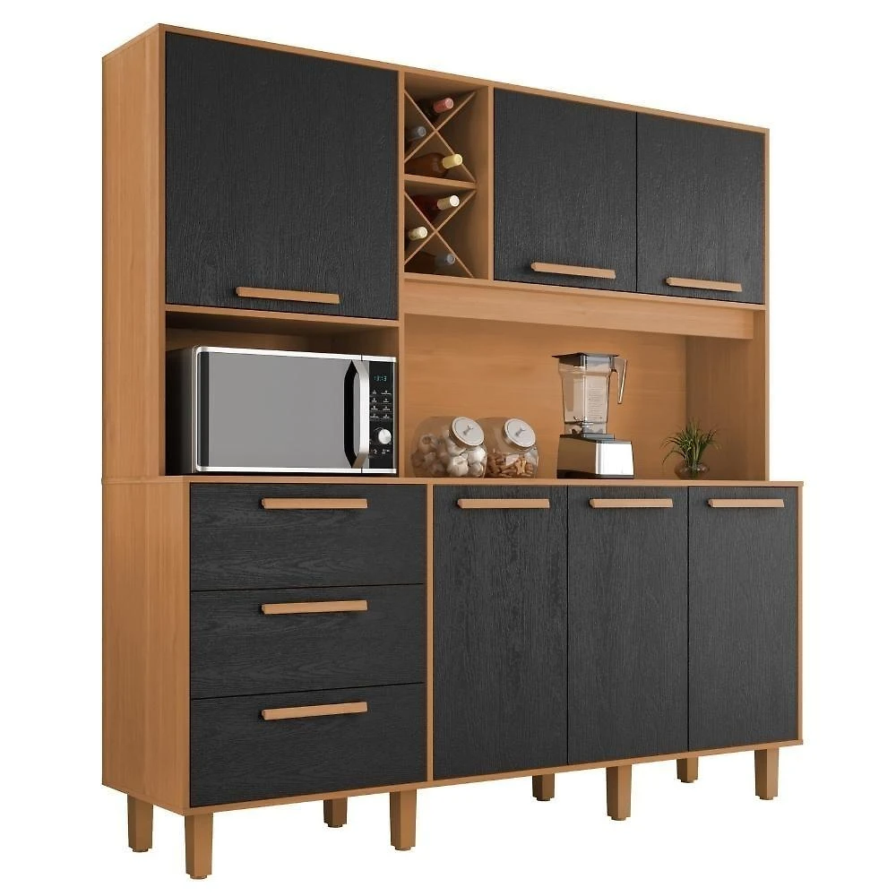 Kit Cozinha Mari 6 Portas 3 Gavetas MDP Cinamomo Preto Milani Movelaria