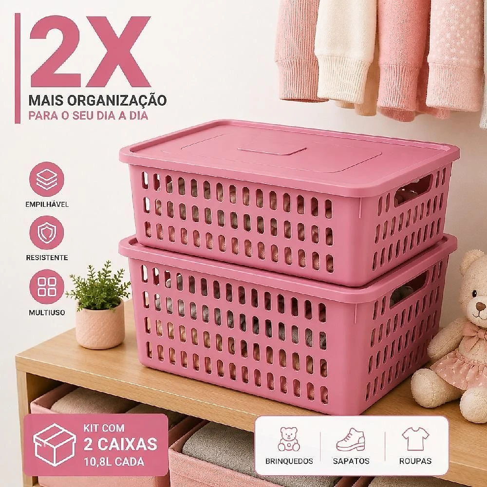 Kit 2 Caixas Organizadoras Grandes com Tampa Organizador Box Multiuso Polipropileno Rosa Yeet 10,8L