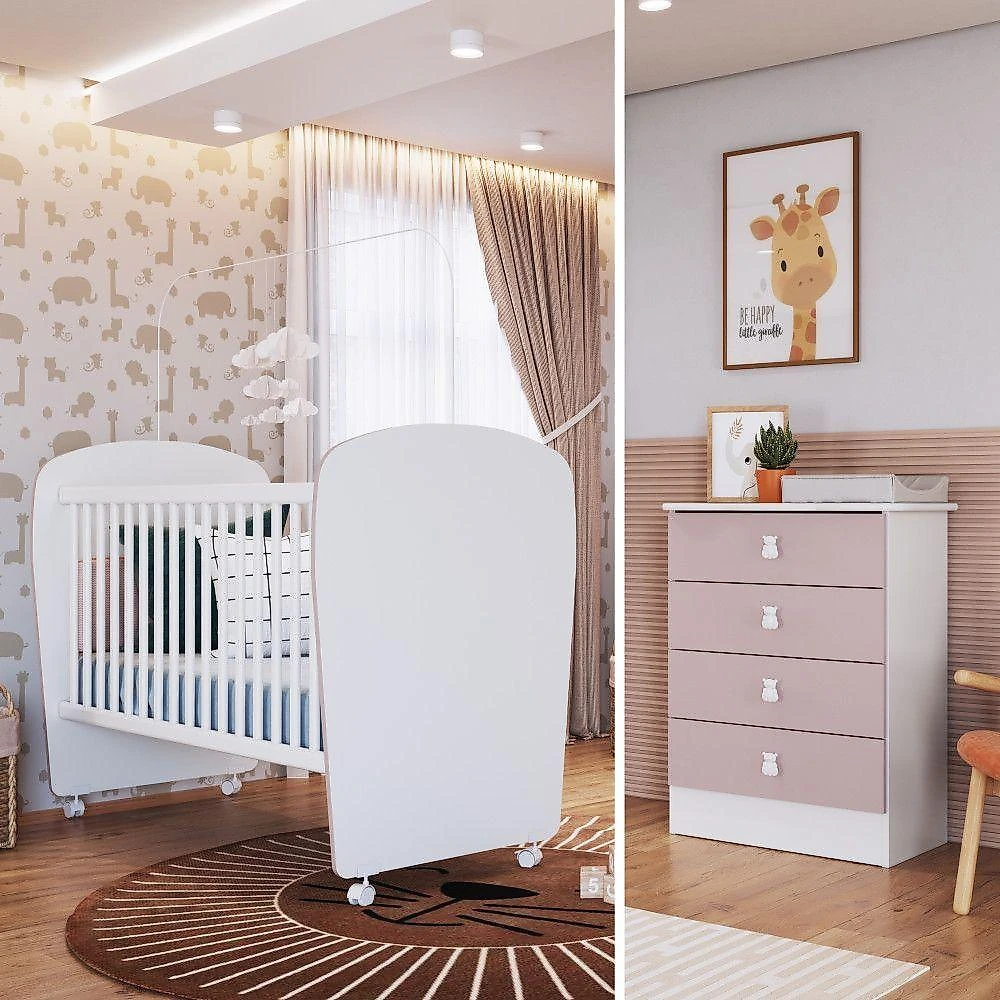 Conjunto Quarto de Bebê Céu Rosa com Cômoda 4 Gavetas em MDP e Madeira Maciça Rosa Percasa Móveis