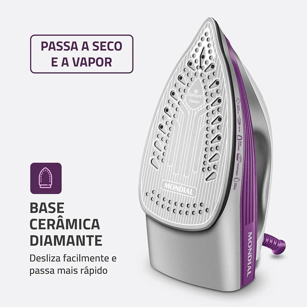 Ferro de passar a vapor mondial fvn-01-p spray e base cerâmica diamante branco/roxo