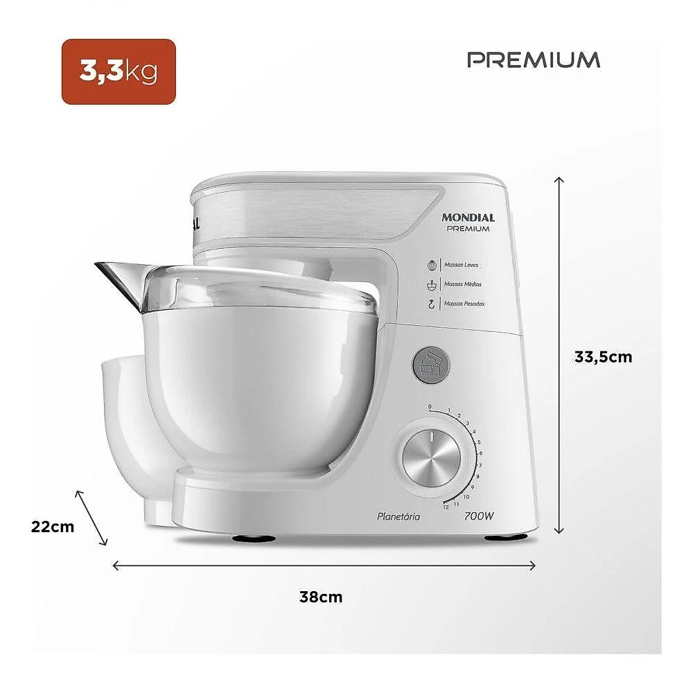 Batedeira Planetária Mondial BP-01P-W 4,5L 700W 12 Velocidades Preto com 2 Tigelas 110V