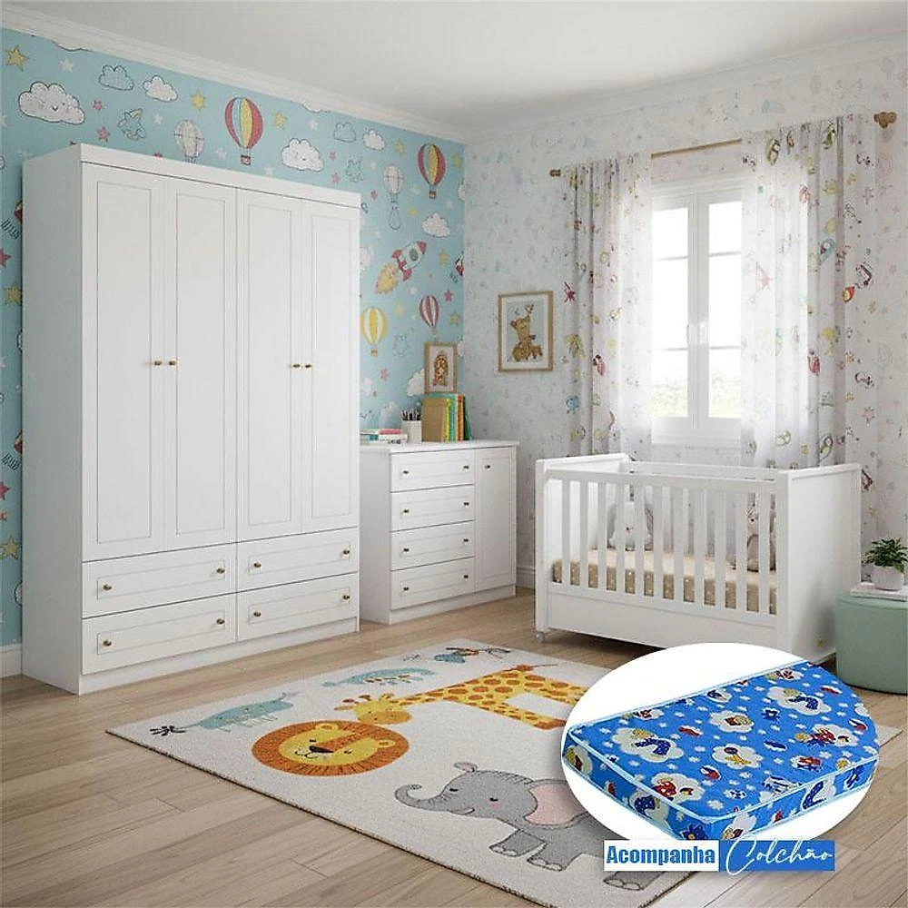 Quarto Infantil 4 Portas Americano Com Berço Tutto New Branco Fosco E Colchão Ortobom - Matic
