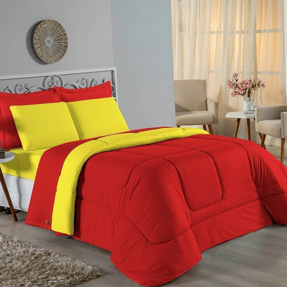 Edredom Casal Nobre 1 Peça Dupla Face 2,00m X 2,20m Malha 100% Algodão - Vermelho / Amarelo