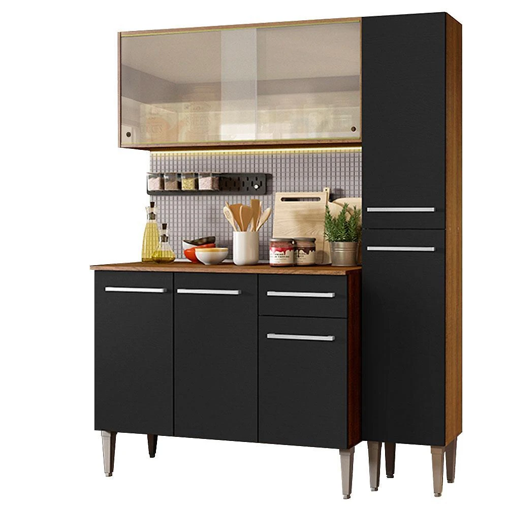Armário de cozinha compacta madesa emilly force com balcão e paneleiro rustic/preto
